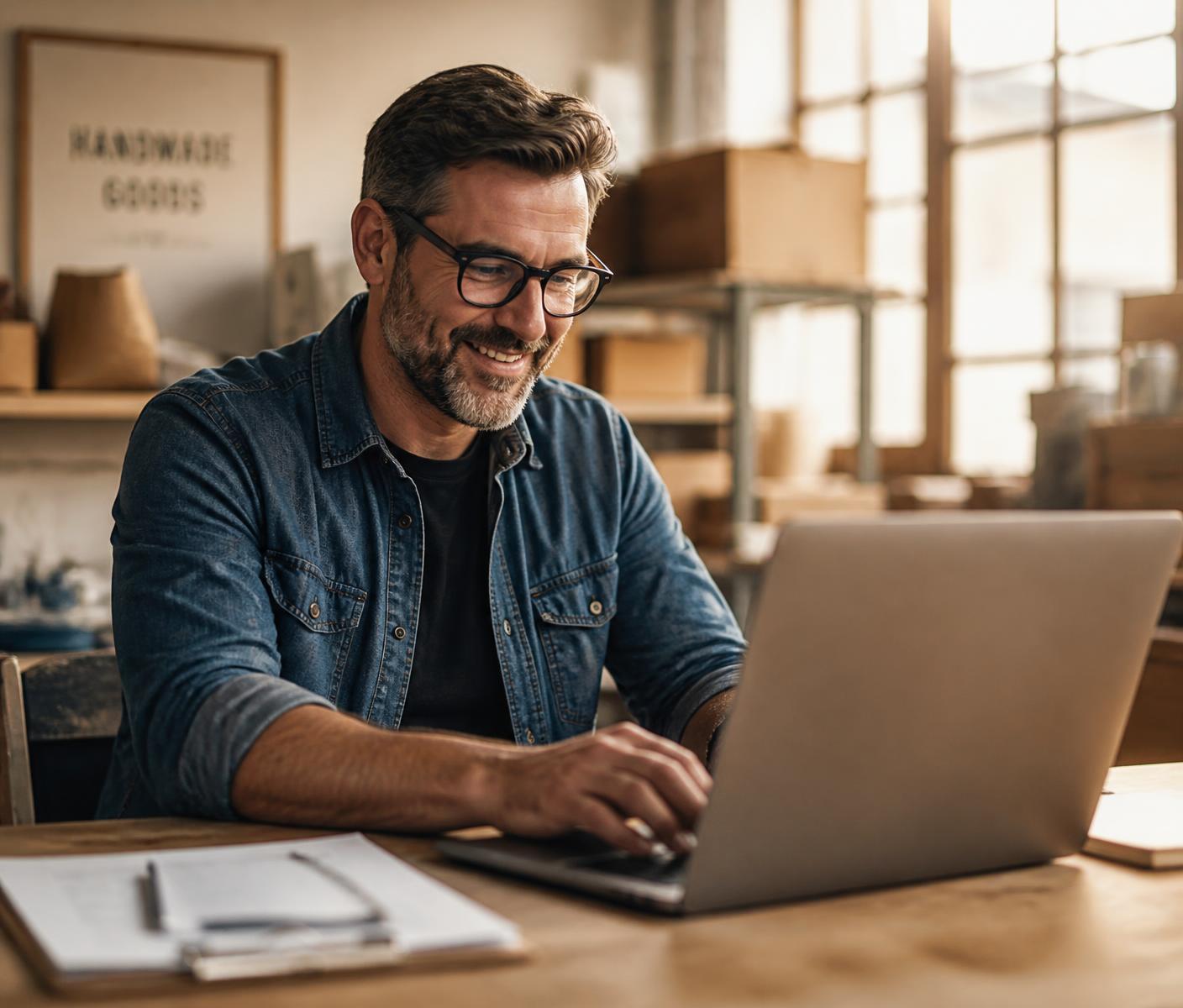 Small business owner reviewing organized financial records
